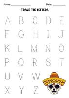 planilha com crânio mexicano. rastrear letras maiúsculas do alfabeto. vetor