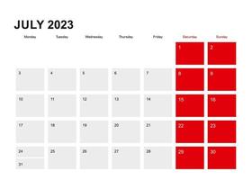 Design de calendário planejador de julho de 2023. semana começa a partir de segunda-feira. vetor