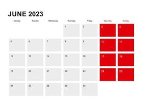 Design de calendário do planejador de junho de 2023. semana começa a partir de segunda-feira. vetor