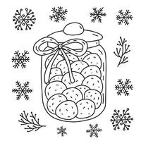 frasco de vidro desenhado à mão de vetor cheio de biscoitos isolados. doodle frasco de vidro com biscoitos com floco de neve clip-art de natal