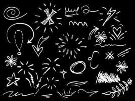 doodle definir ênfase para o projeto de conceito isolado no fundo preto. elementos infográficos. pincelada, swishes encaracolados, swoops, redemoinho, seta. ilustração vetorial. vetor
