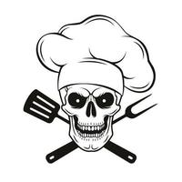 caveira sorridente no chapéu de chef com ferramentas de churrasco cruzadas. crânio de chef de desenho animado em estilo desenhado à mão. mestre de grelhados, ilustração vetorial vetor