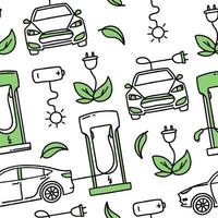 carro elétrico sem costura padrão. reabastecimento elétrico. co2 conceito de mudança climática energia verde. doodle isolado de vetor