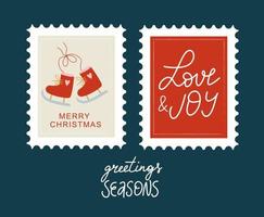 ilustração de selo postal de natal e feliz ano novo com temporada de saudação de letras. vetor