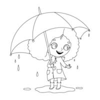 menina engraçada dos desenhos animados com guarda-chuva fica na poça na chuva e sorrisos. ilustração vetorial para crianças isoladas em branco. desenho de contorno de criança para livro de colorir vetor