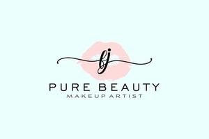 design de logotipo pré-fabricado de lábios em aquarela fj inicial, logotipo para marca de negócios de maquiador, design de logotipo de boutique de beleza blush, logotipo de caligrafia com modelo criativo. vetor