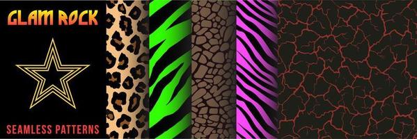 coleção de padrões sem emenda de metal glam rock dos anos 80. conjunto de gráficos abstratos de textura vetorial vívida em estilo vintage retrô para vestuário e têxteis. zebra, tigre, leopardo, xadrez, terra do solo