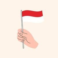 mão dos desenhos animados segurando a bandeira da Indonésia. bandeira da Indonésia, ilustração do conceito, vetor de design plano isolado.