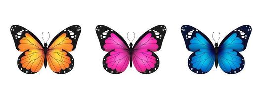 borboleta monarca voadora realista azul, rosa, amarela em um fundo branco. ilustração vetorial. design de impressão decorativa. asas de fada coloridas. vetor