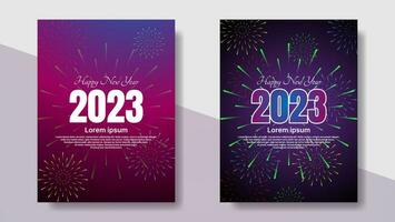 feliz ano novo 2023 design de cartaz com fogo de artifício e fundo gradiente. ilustração vetorial vetor