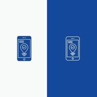 ponteiro de localização de navegação linha de smartphone e ícone sólido de glifo linha de banner azul e ícone sólido de glifo vetor