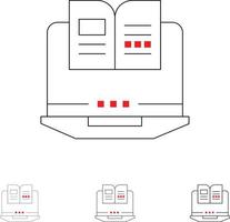 hardware de livro de computador portátil conjunto de ícones de linha preta em negrito e fino vetor