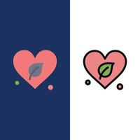 coração verde mundo salvar ícones planos e cheios de linha conjunto de ícones vector fundo azul