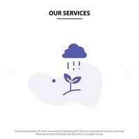 nossos serviços nuvem nuvem de chuva natureza chuva de primavera ícone de glifo sólido modelo de cartão web vetor