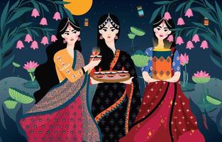 três mulheres celebrando o diwali à noite vetor