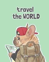 viaje pelo mundo slogan com cachorro e mochila vetor