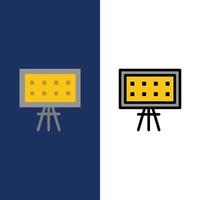 ícones de apresentação de educação de placa de alfabeto plano e conjunto de ícones cheios de linha vector fundo azul