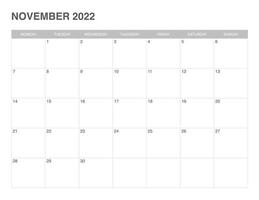 calendário simples novembro de 2022, comece segunda-feira vetor