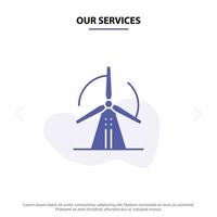 nossos serviços turbina energia eólica poder ícone de glifo sólido modelo de cartão web vetor