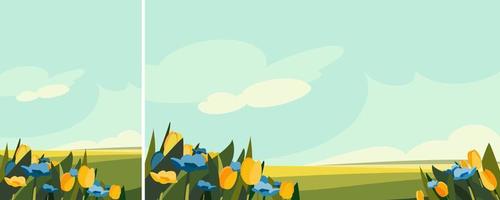 flores azuis e amarelas no prado. paisagem natural em diferentes formatos. vetor