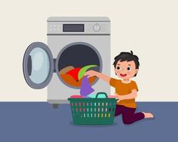 menino bonitinho lavando roupa com máquina de lavar, ajudando a mãe como atividade de tarefas de rotina diária vetor