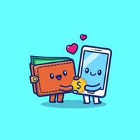 casal bonito carteira dinheiro e ilustração de ícone de vetor de desenhos animados de telefone. finanças e tecnologia ícone conceito isolado vetor premium. estilo de desenho animado plano