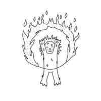 ilustração vetorial desenhada à mão de tigre pulando através do anel de fogo. ilustração fofa de um tigre de circo no estilo doodle. vetor