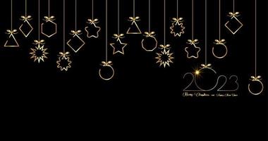banner 2023 feliz ano novo, bolas de natal de ouro isoladas em fundo preto, elementos de linha para calendário e cartão de cumprimentos ou convites de férias de inverno com tema de natal com decorações geométricas vetor