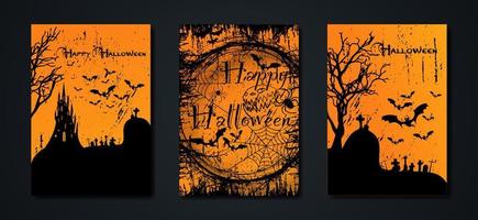 festa de halloween, conjunto de cartões assustador fundo laranja escuro, silhuetas de personagens e morcegos assustadores com castelo gótico assombrado, conceito de tema de terror, abóbora assustadora e cemitério preto, modelos vetoriais vetor
