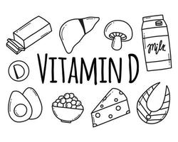 vitamina D. conjunto de alimentos contendo vitamina d. alimentos ricos em vitamina d. ilustração vetorial. ilustração vetorial. estilo doodle. vetor