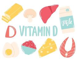 vitamina D. conjunto de alimentos contendo vitamina d. alimentos ricos em vitamina d. ilustração vetorial. ilustração vetorial. estilo desenhado. vetor