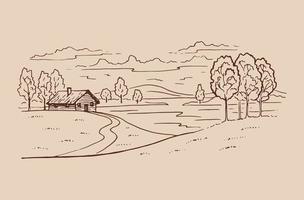 paisagem rural com estrada e árvore. mão desenhada ilustração convertida em vetor. vetor