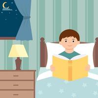 menino bonito sentado na cama e lendo história de ninar. leitura noturna. ilustração de livro infantil. vetor