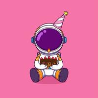 o astronauta está segurando um bolo de aniversário em uma festa de aniversário e comemora vetor