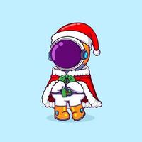 o astronauta fofo está usando o chapéu de papai noel e o manto de natal vetor