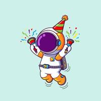 o astronauta feliz está segurando o confete e comemorando a festa especial vetor