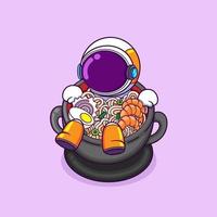 o astronauta está caindo na sopa de ramen na panela enquanto está cozida vetor