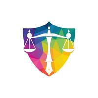 vetor de logotipo de lei com equilíbrio judicial simbólico da escala de justiça em uma ponta de caneta. vetor de logotipo para direito, tribunal, serviços de justiça e empresas.
