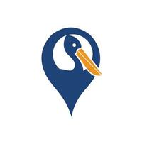 combinação de logotipo de ponteiro de pelicano e mapa. localizador gps e símbolo ou ícone pelicano. vetor