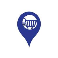 carrinho de compras e design de logotipo de ponteiro de mapa. modelo de design de logotipo de ícone de vetor de ponteiro de localização gps de shopping.