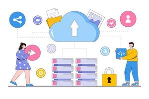 upload de arquivo de tecnologia de negócios plana no conceito de armazenamento de servidor em nuvem. ilustração vetorial mínima de estilo de design de contorno vetor