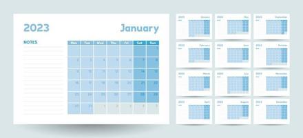 modelo de calendário mensal para o ano de 2023, calendário de parede em estilo minimalista com cores azuis pastel