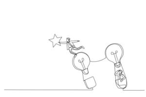 desenho do empresário em balões de ar quente voando para cima para a estrela. metáfora da criatividade. arte de linha contínua vetor