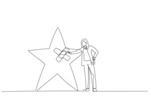 ilustração de empresária corrigir estrela de classificação quebrada com bandagem. metáfora para a gestão da reputação. estilo de arte de linha única vetor