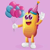 lindo monstro amarelo usando um chapéu de aniversário, segurando balões vetor