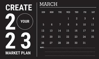 ilustração vetorial do ano civil de 2023. modelo de calendário de março de 2023. design de calendário preto e branco. vetor eps10