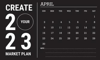 ilustração vetorial do ano civil de 2023. modelo de calendário de abril de 2023. design de calendário preto e branco. vetor eps10