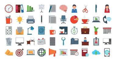 conjunto de ícones de estilo plano de negócios de papelaria de material de escritório vetor