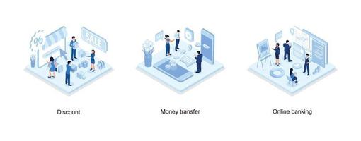 personagem em pé perto de vale de desconto comercial, conceito de transferência de dinheiro, realidade aumentada para conceito bancário, ilustração vetorial isométrica definida vetor