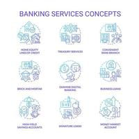 conjunto de ícones de conceito gradiente azul de serviços bancários. sistema de operações financeiras. ilustração de cores de linha fina de ideia de proteção de dinheiro. símbolos isolados. vetor